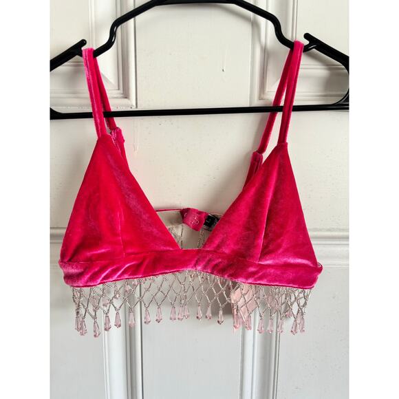 NWT Eastnwest Label hot pink fringe beaded velvet bra size large - Picture 1 of 4